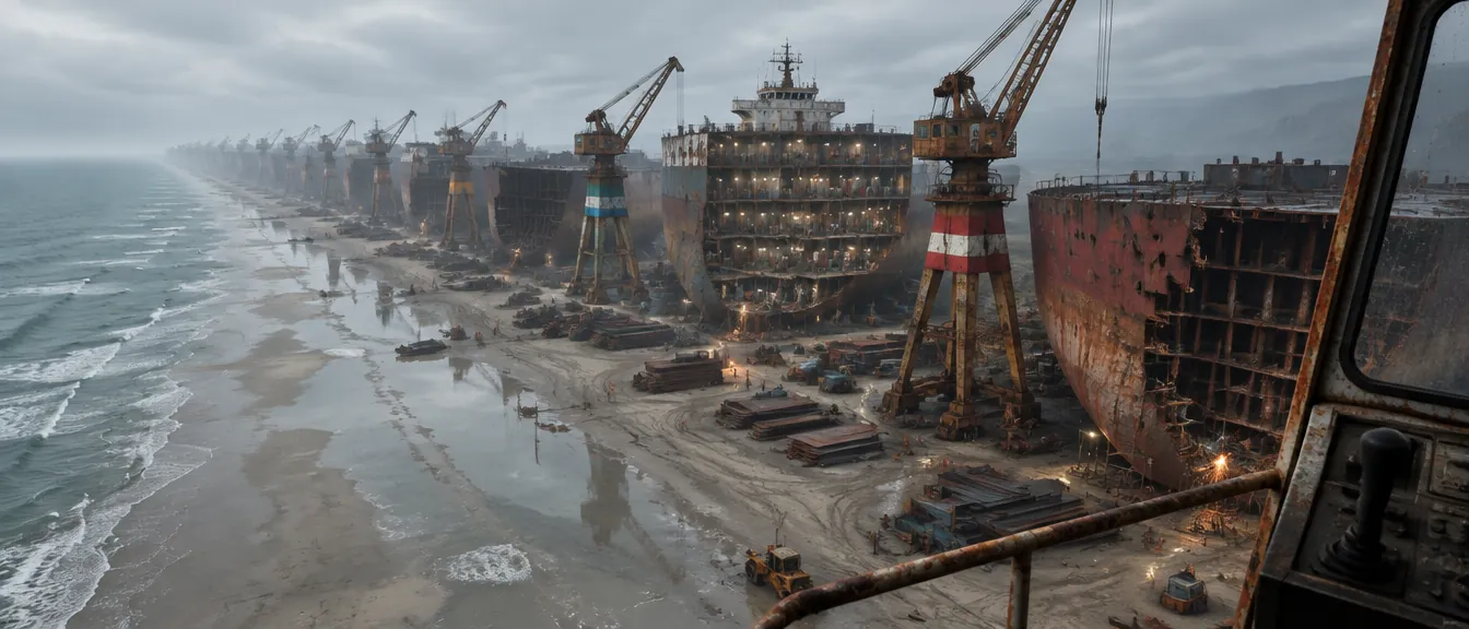 Pantai Scuttle dari kabin derek: deretan bangkai kapal raksasa kandas berjajar di pasir basah, derek gantry dan lambung tanker berlampu di kejauhan.